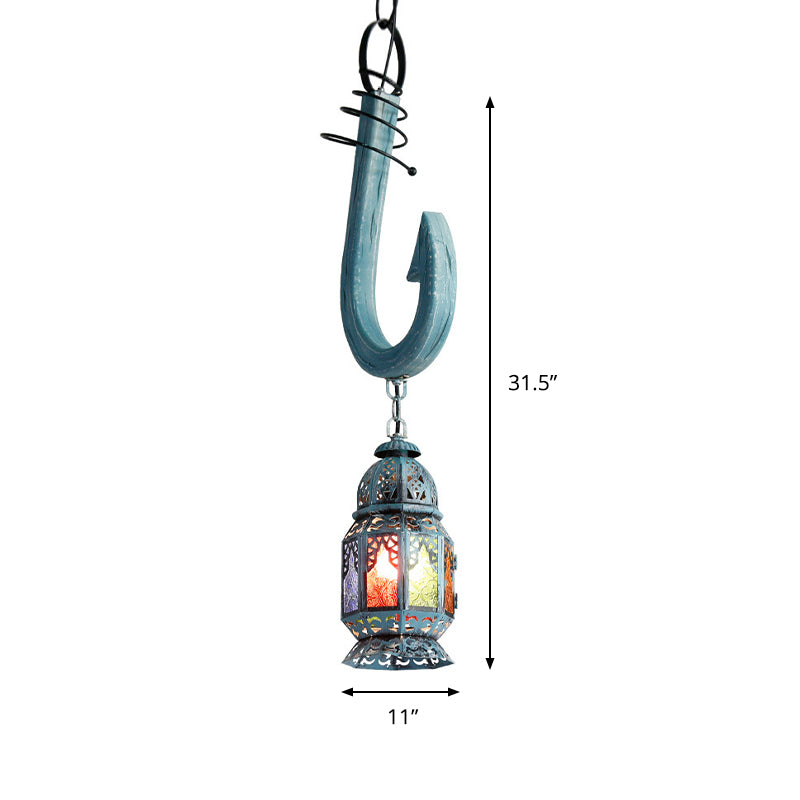 Art Deco Lantern Pendant Lighting 1 Head Stained Glass Suspension Light in Blue with Wooden Hook Rod Clearhalo 'Ceiling Lights' 'Pendant Lights' 'Pendants' Lighting' 921432
