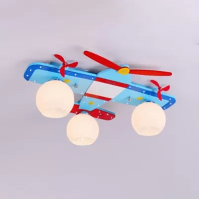 Propeller Airplane Nursing Room Ceiling Light Wood Glass 3 Lights Cute Flush Mount Light in Blue Clearhalo 'Ceiling Lights' 'Close To Ceiling Lights' 'Close to ceiling' 'Flush mount' Lighting' 92145