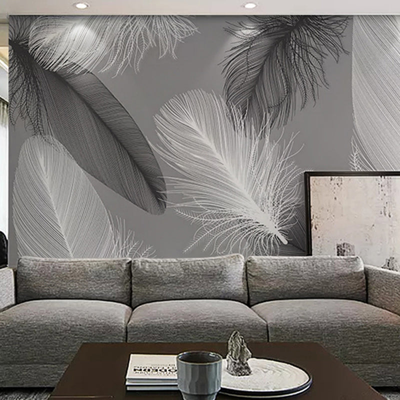 Whole Feather Mural for Living Room Fantasy Texture Wall Art in Grey, Stain-Resistant Grey Clearhalo 'Wall Decor' 'Wall Mural' 921609