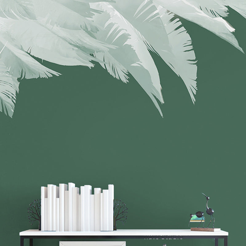 Personalized Illustration Feather Mural Wallpaper for Restaurant Decoration in Pastel Green Green Clearhalo 'Wall Decor' 'Wall Mural' 921619