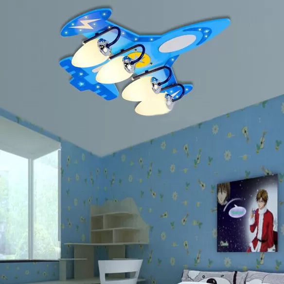 Kids Fighter Plane Ceiling Lamp 4 Bulbs Wood Ceiling Mount Light in Blue for Boys Bedroom Clearhalo 'Ceiling Lights' 'Close To Ceiling Lights' 'Close to ceiling' 'Flush mount' Lighting' 92162