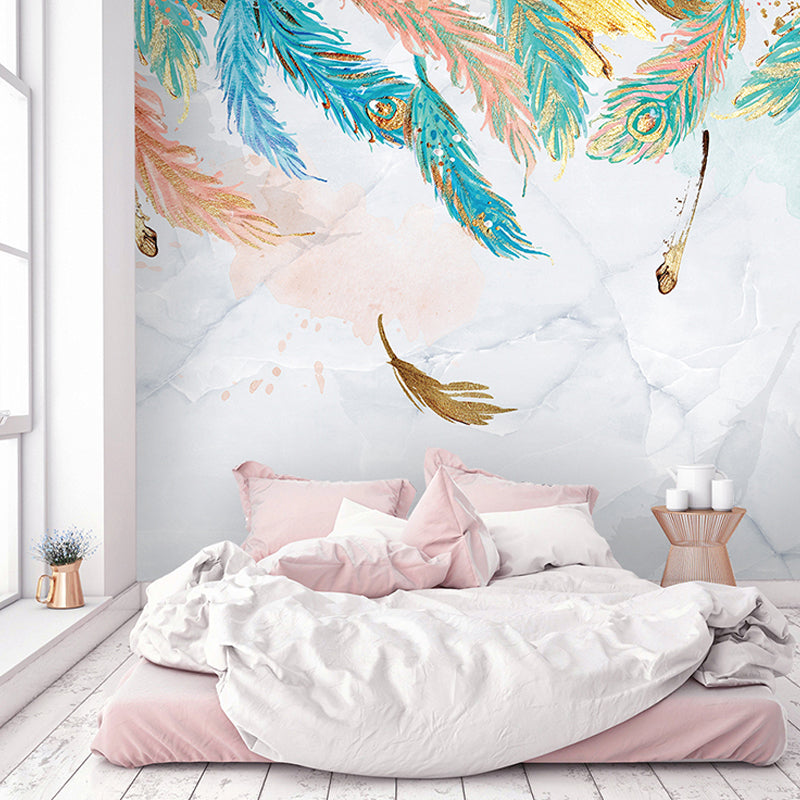 Non-Woven Fabric Full Mural Wallpaper Multicolored Feather Wall Covering, Made to Measure Blue-Pink-Yellow Clearhalo 'Wall Decor' 'Wall Mural' 921624