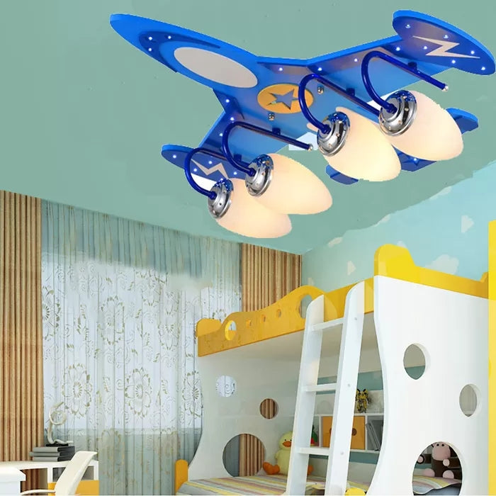 Kids Fighter Plane Ceiling Lamp 4 Bulbs Wood Ceiling Mount Light in Blue for Boys Bedroom Clearhalo 'Ceiling Lights' 'Close To Ceiling Lights' 'Close to ceiling' 'Flush mount' Lighting' 92163