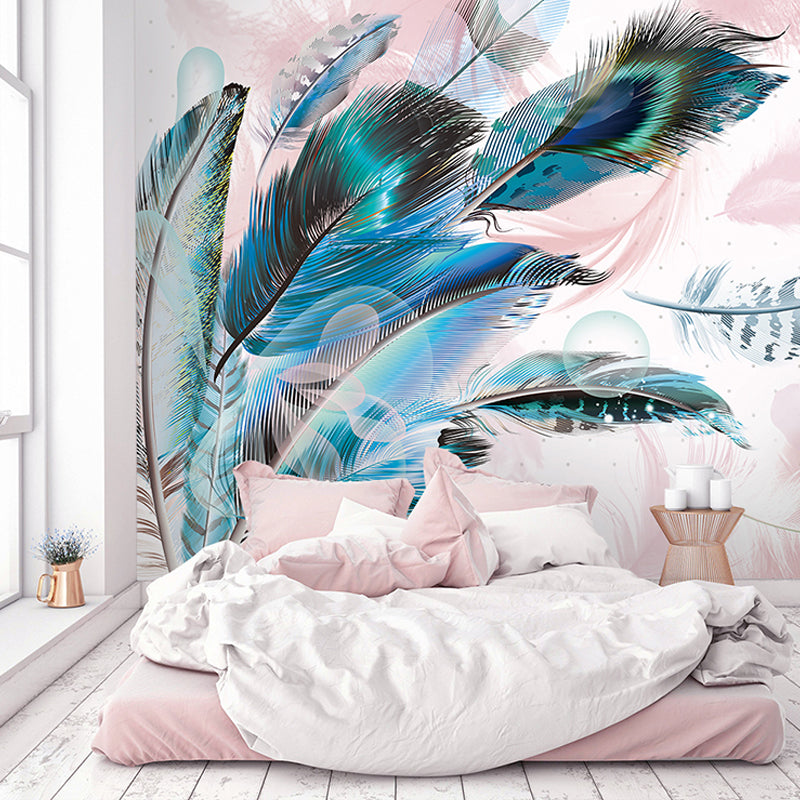 Elegant Feather Wall Mural for Living Room Chinese Traditional Wall Covering in Aqua, Made to Measure Aqua Clearhalo 'Wall Decor' 'Wall Mural' 921639