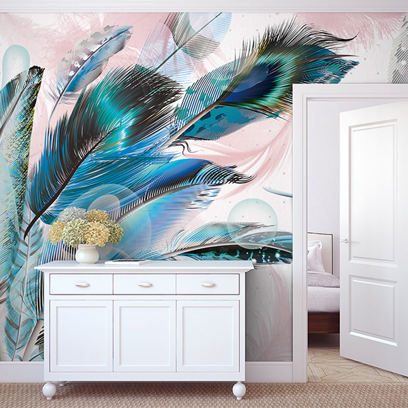 Elegant Feather Wall Mural for Living Room Chinese Traditional Wall Covering in Aqua, Made to Measure Clearhalo 'Wall Decor' 'Wall Mural' 921641