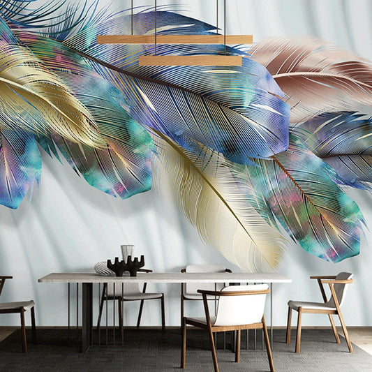 Classic Wall Mural with Yellow and Blue Feather for Commercial Use, Non-Woven Material Clearhalo 'Wall Decor' 'Wall Mural' 921670