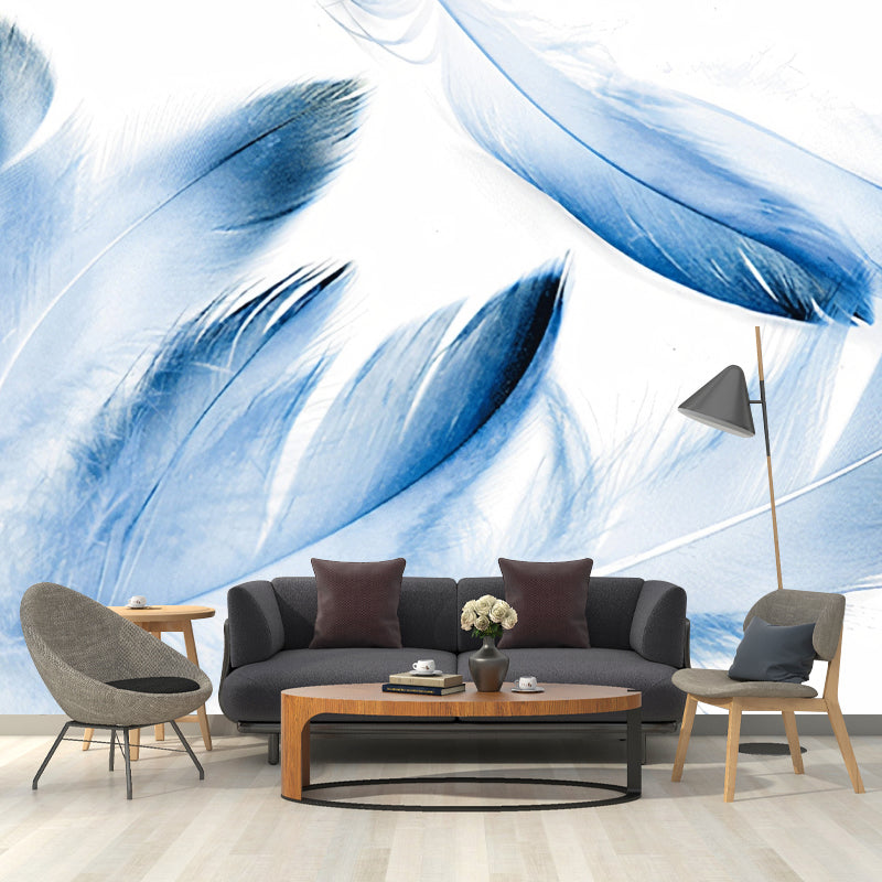 Full Size Feather Wall Art for Accent Wall Fantasy Watercolors Mural in Soft Blue, Stain-Resistant Blue Clearhalo 'Wall Decor' 'Wall Mural' 921674