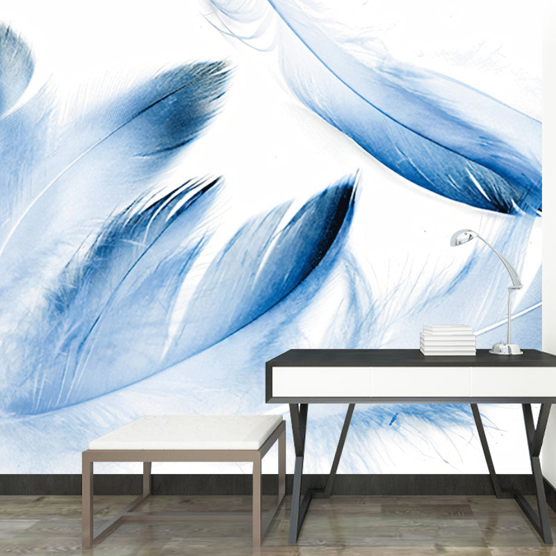 Full Size Feather Wall Art for Accent Wall Fantasy Watercolors Mural in Soft Blue, Stain-Resistant Clearhalo 'Wall Decor' 'Wall Mural' 921676