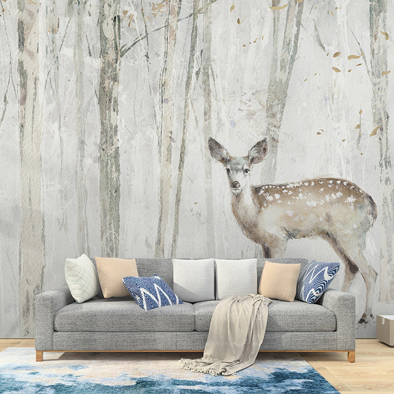 Personalized Illustration Nordic Mural Wallpaper for Living Room with Pewter Deer and Tree Pewter Clearhalo 'Wall Decor' 'Wall Mural' 921684