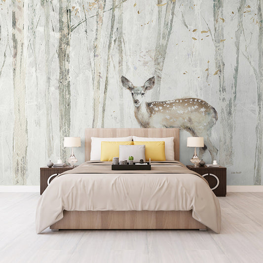 Personalized Illustration Nordic Mural Wallpaper for Living Room with Pewter Deer and Tree Clearhalo 'Wall Decor' 'Wall Mural' 921685