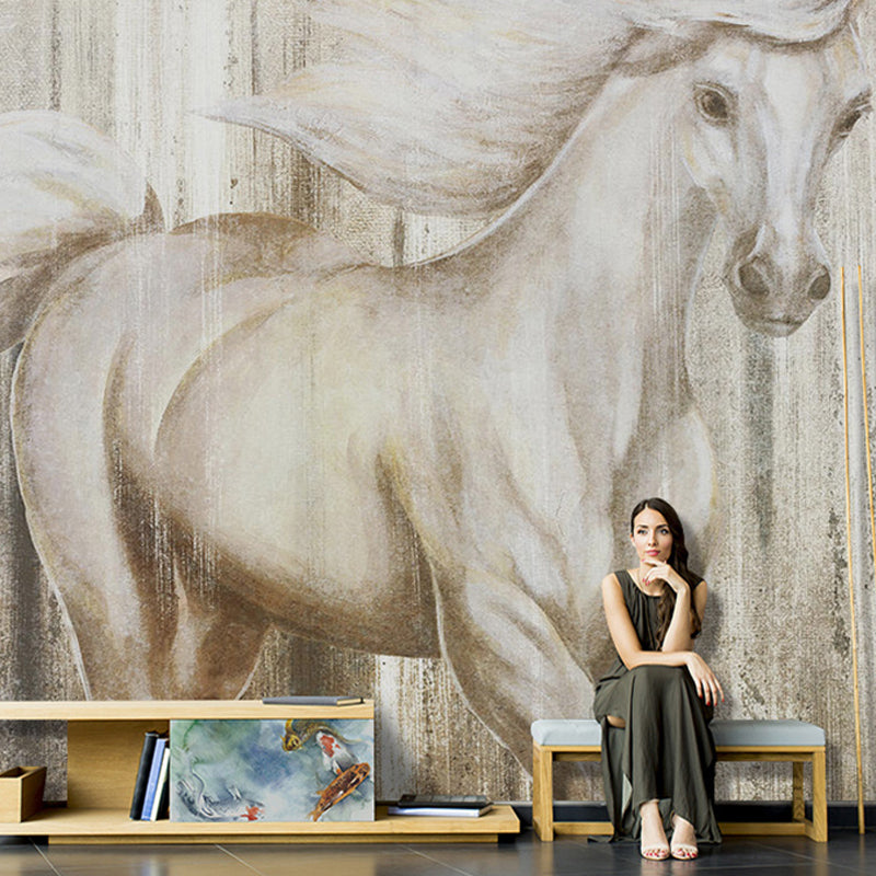 Giant Horse Mural Wallpaper in Grey and Yellow for Coffee Shop, Water-Resistant Gray-Yellow Clearhalo 'Wall Decor' 'Wall Mural' 921689