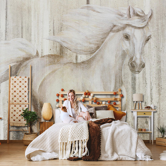 Giant Horse Mural Wallpaper in Grey and Yellow for Coffee Shop, Water-Resistant Clearhalo 'Wall Decor' 'Wall Mural' 921690