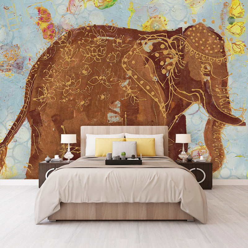 Non-Woven Material Large Mural Brown Cartoon Elephant Wall Art, Made to Measure Clearhalo 'Wall Decor' 'Wall Mural' 921701