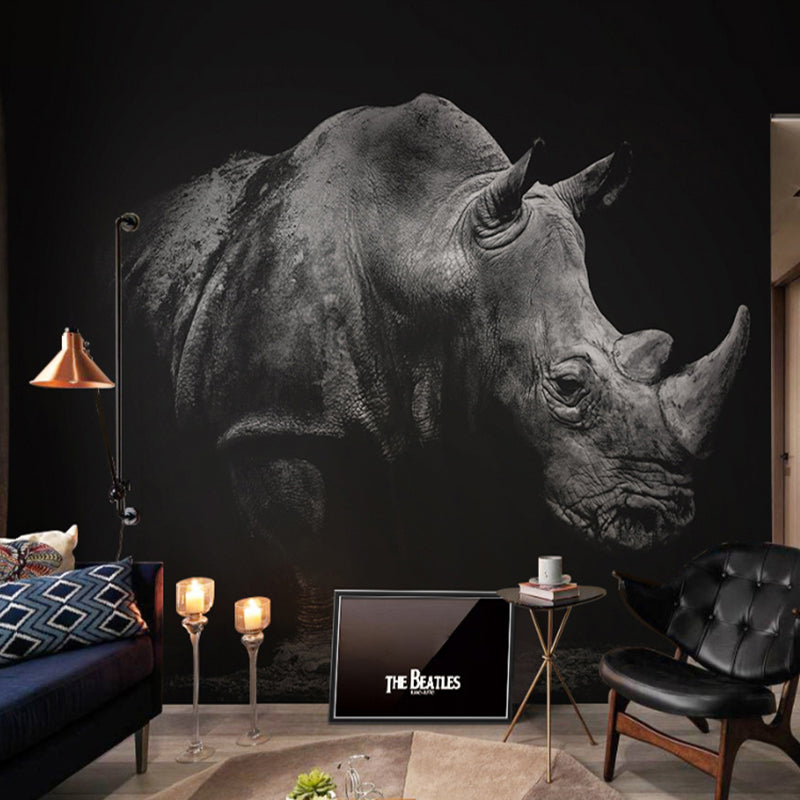 Grey and Black Rhinoceros Mural Waterproof Wall Covering for Living Room Dark Gray-Black Clearhalo 'Wall Decor' 'Wall Mural' 921734