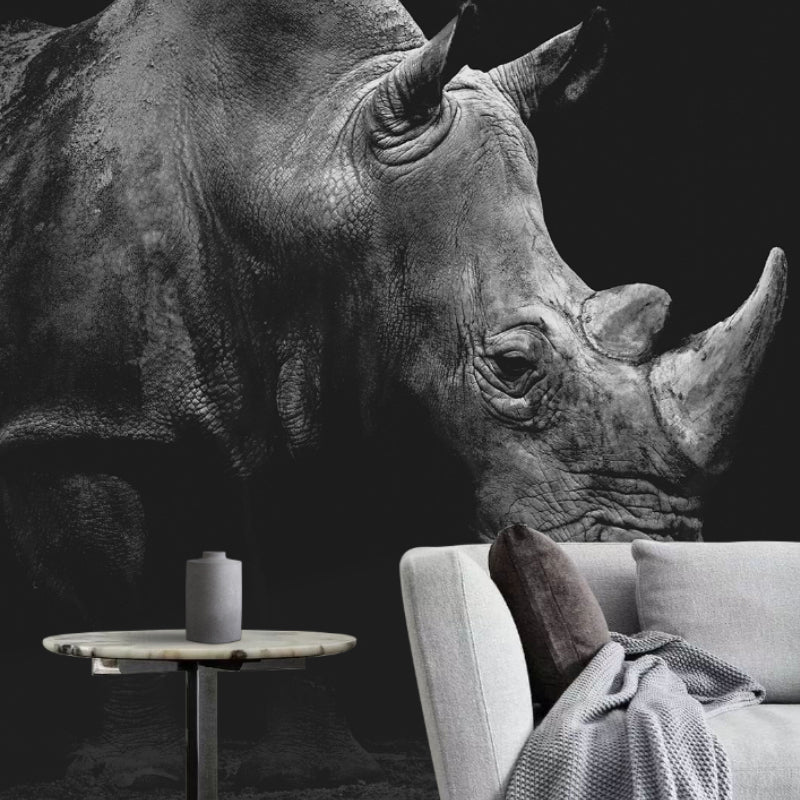 Grey and Black Rhinoceros Mural Waterproof Wall Covering for Living Room Clearhalo 'Wall Decor' 'Wall Mural' 921735