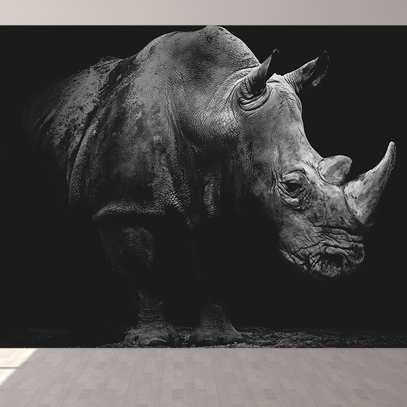 Grey and Black Rhinoceros Mural Waterproof Wall Covering for Living Room Clearhalo 'Wall Decor' 'Wall Mural' 921736