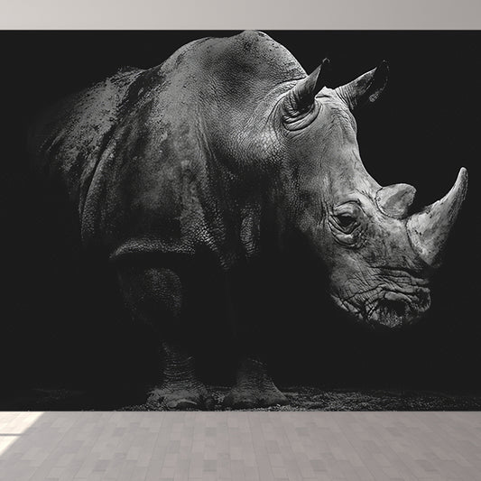 Grey and Black Rhinoceros Mural Waterproof Wall Covering for Living Room Clearhalo 'Wall Decor' 'Wall Mural' 921736