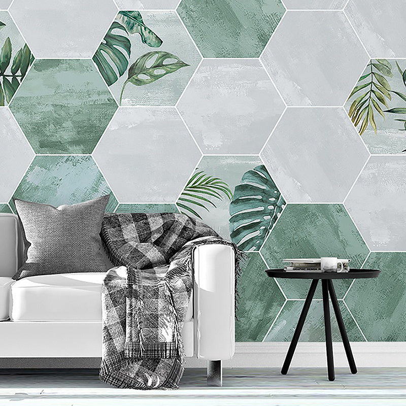 Illustration Style Modern Wall Mural with Hexagon in Green and White, Made to Measure Green Clearhalo 'Wall Decor' 'Wall Mural' 921827