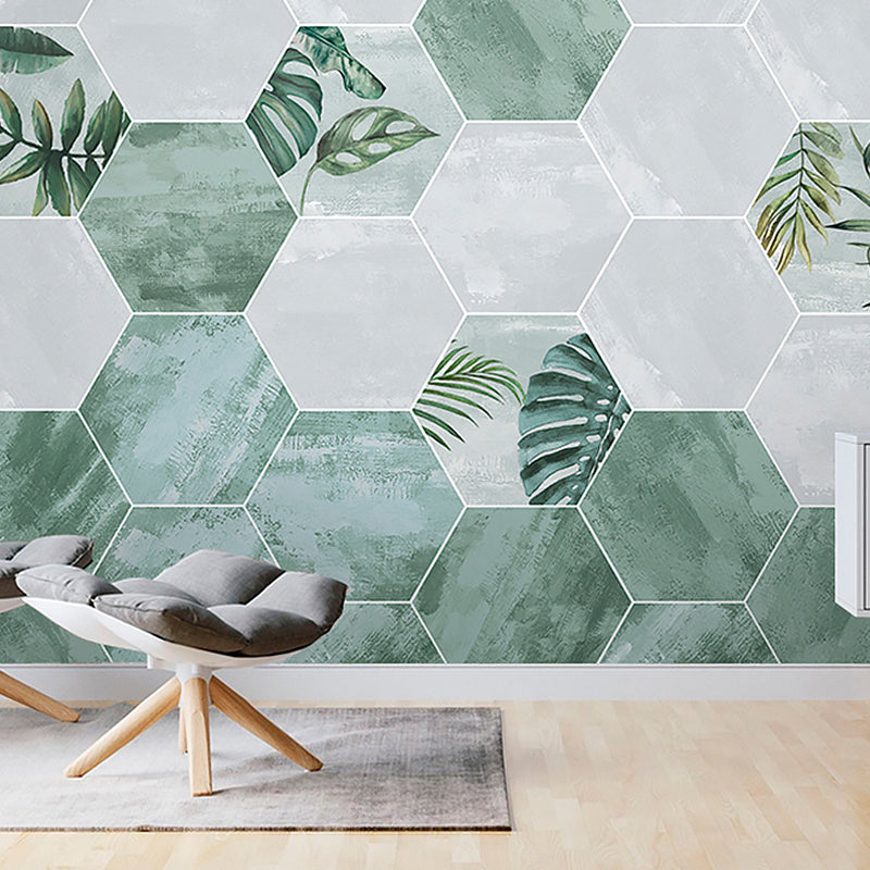 Illustration Style Modern Wall Mural with Hexagon in Green and White, Made to Measure Clearhalo 'Wall Decor' 'Wall Mural' 921828