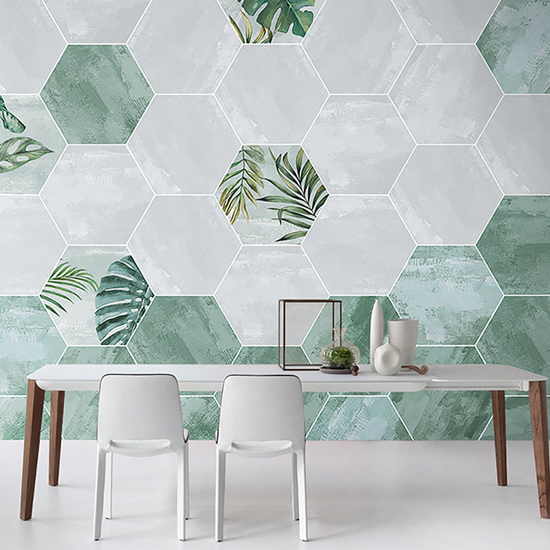 Illustration Style Modern Wall Mural with Hexagon in Green and White, Made to Measure Clearhalo 'Wall Decor' 'Wall Mural' 921829