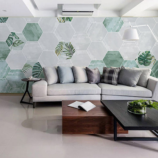 Illustration Style Modern Wall Mural with Hexagon in Green and White, Made to Measure Clearhalo 'Wall Decor' 'Wall Mural' 921830