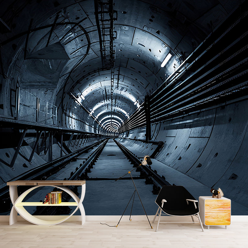 Giant Mural Wallpaper with Industrial 3D Tunnel and Rail Wall Art in Dark Color Blue Clearhalo 'Wall Decor' 'Wall Mural' 921899