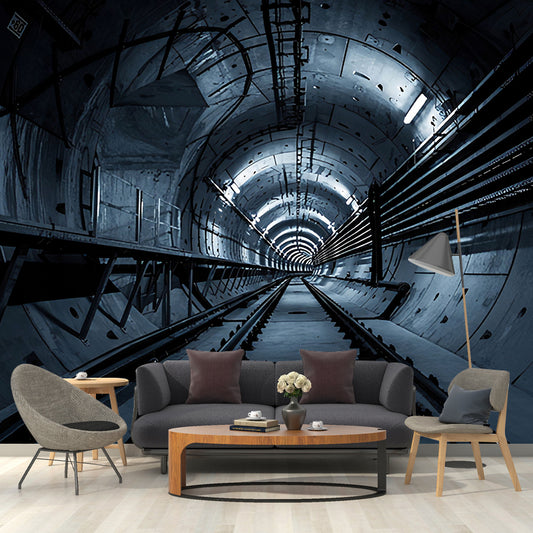 Giant Mural Wallpaper with Industrial 3D Tunnel and Rail Wall Art in Dark Color Clearhalo 'Wall Decor' 'Wall Mural' 921901