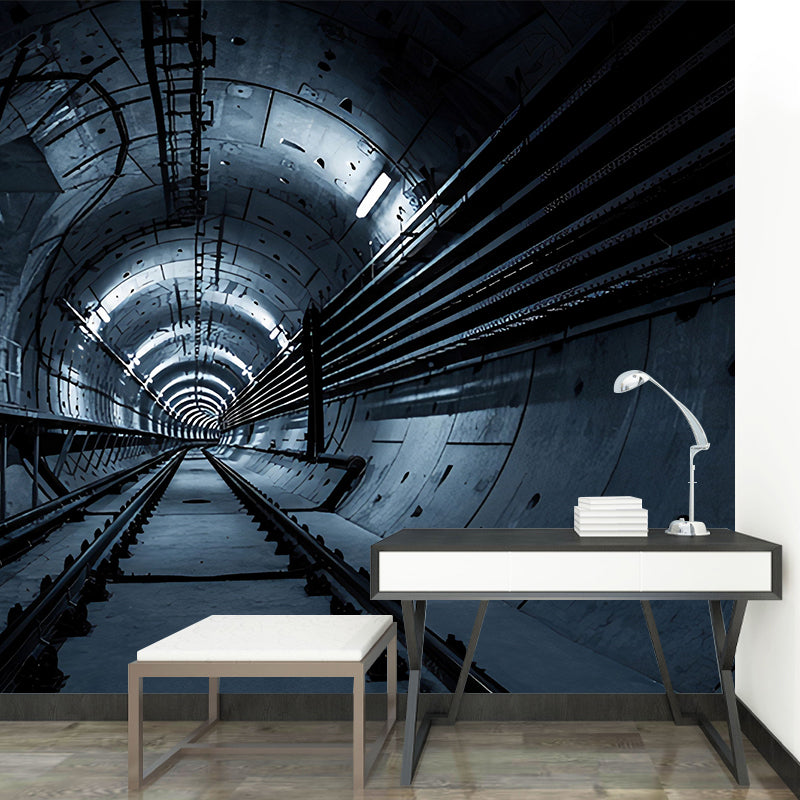 Giant Mural Wallpaper with Industrial 3D Tunnel and Rail Wall Art in Dark Color Clearhalo 'Wall Decor' 'Wall Mural' 921902