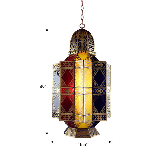 Colored Glass Brass Chandelier Lantern 3 Heads Arabian Hanging Pendant Light for Corridor Clearhalo 'Ceiling Lights' 'Chandeliers' 'Glass shade' 'Glass' 'Pendant Lights' Lighting' 922431