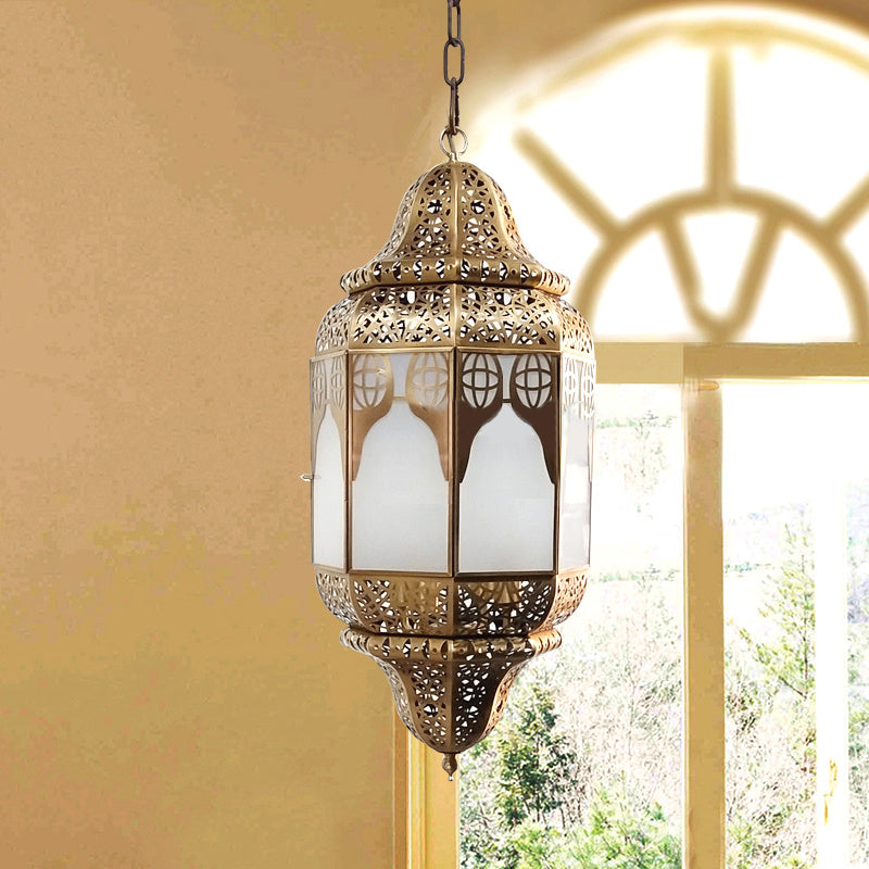 Antique Lantern Hanging Lamp 4 Bulbs Frosted Glass Ceiling Chandelier in Brass for Restaurant Clearhalo 'Ceiling Lights' 'Chandeliers' Lighting' options 922432