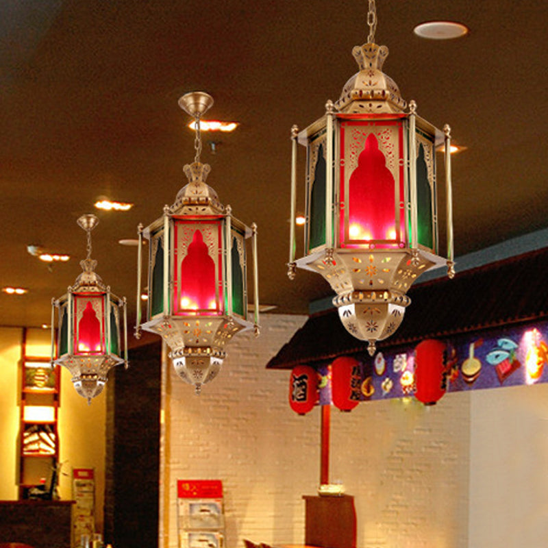 Colorful Glass Lantern Ceiling Light Arabian 3 Bulbs Restaurant Pendant Chandelier in Brass Clearhalo 'Ceiling Lights' 'Chandeliers' Lighting' options 922448