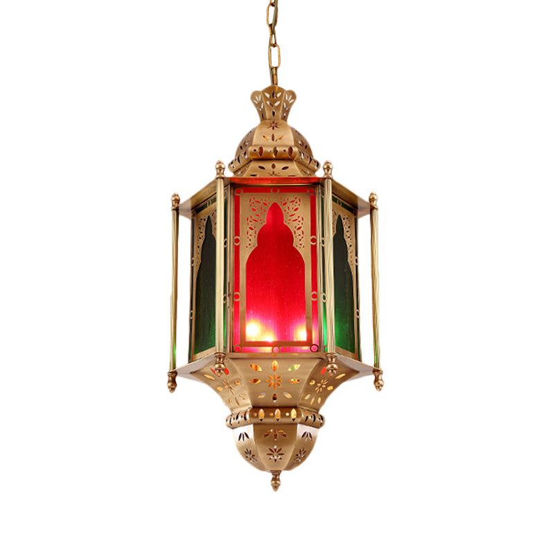 Colorful Glass Lantern Ceiling Light Arabian 3 Bulbs Restaurant Pendant Chandelier in Brass Clearhalo 'Ceiling Lights' 'Chandeliers' Lighting' options 922450