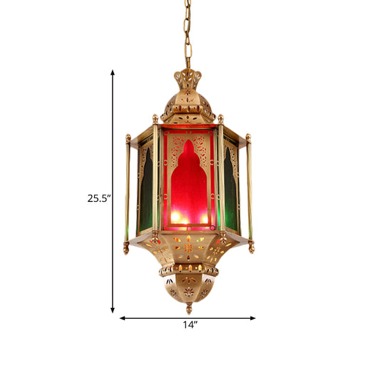 Colorful Glass Lantern Ceiling Light Arabian 3 Bulbs Restaurant Pendant Chandelier in Brass Clearhalo 'Ceiling Lights' 'Chandeliers' Lighting' options 922451