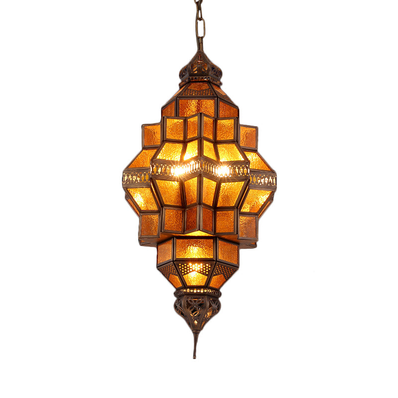 Antique Geometric Pendant Lamp 12 Bulbs Amber Textured Glass Ceiling Chandelier in Brass Clearhalo 'Ceiling Lights' 'Chandeliers' Lighting' options 922455