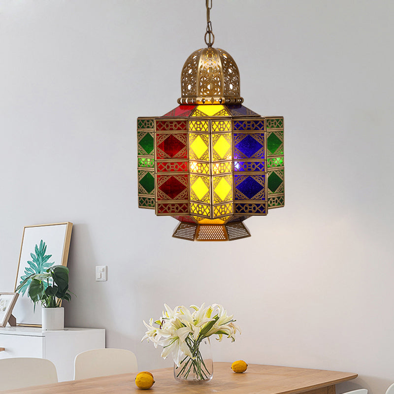 4-Head Metal Pendant Lighting Arab Lantern Stained Glass Chandelier Light Fixture in Brass Clearhalo 'Ceiling Lights' 'Chandeliers' Lighting' options 922467