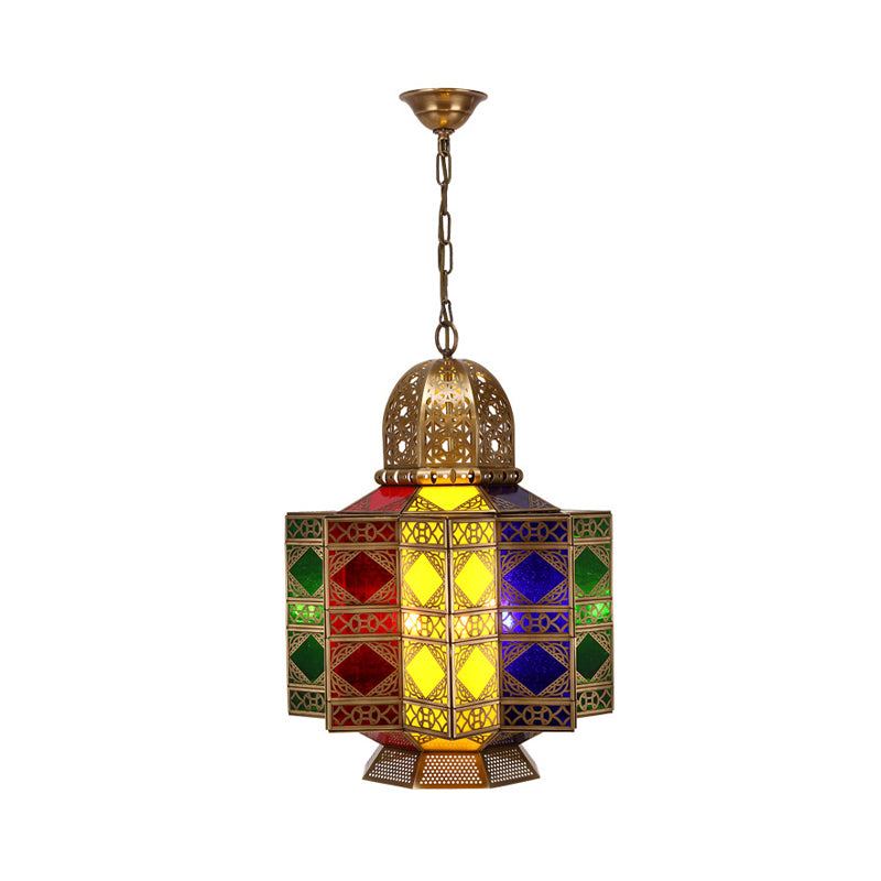 4-Head Metal Pendant Lighting Arab Lantern Stained Glass Chandelier Light Fixture in Brass Clearhalo 'Ceiling Lights' 'Chandeliers' Lighting' options 922469