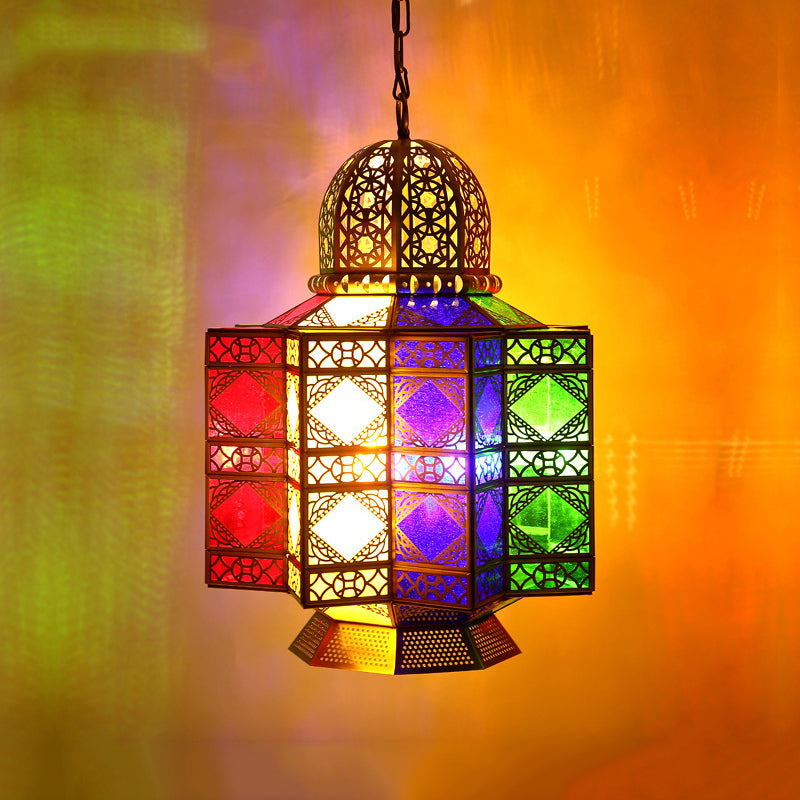 4-Head Metal Pendant Lighting Arab Lantern Stained Glass Chandelier Light Fixture in Brass Clearhalo 'Ceiling Lights' 'Chandeliers' Lighting' options 922470