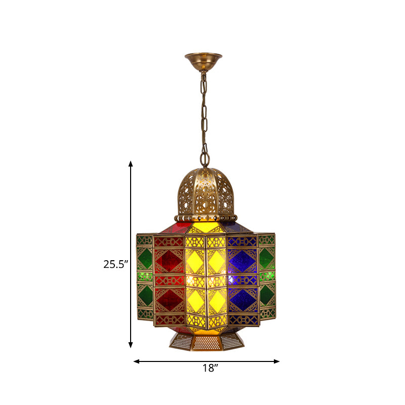 4-Head Metal Pendant Lighting Arab Lantern Stained Glass Chandelier Light Fixture in Brass Clearhalo 'Ceiling Lights' 'Chandeliers' Lighting' options 922471