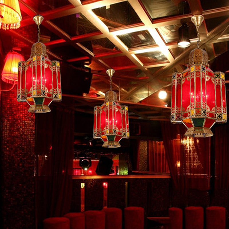 Traditional Lantern Hanging Lamp 4 Lights Red Glass Chandelier Lighting Fixture in Brass for Restaurant Clearhalo 'Ceiling Lights' 'Chandeliers' Lighting' options 922474