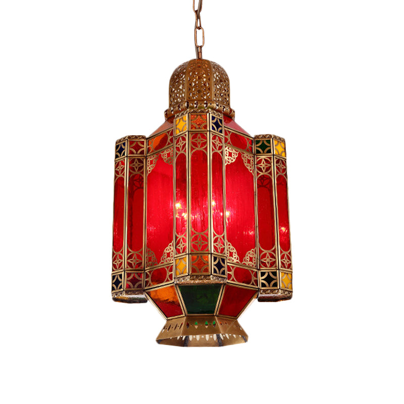 Traditional Lantern Hanging Lamp 4 Lights Red Glass Chandelier Lighting Fixture in Brass for Restaurant Clearhalo 'Ceiling Lights' 'Chandeliers' Lighting' options 922475