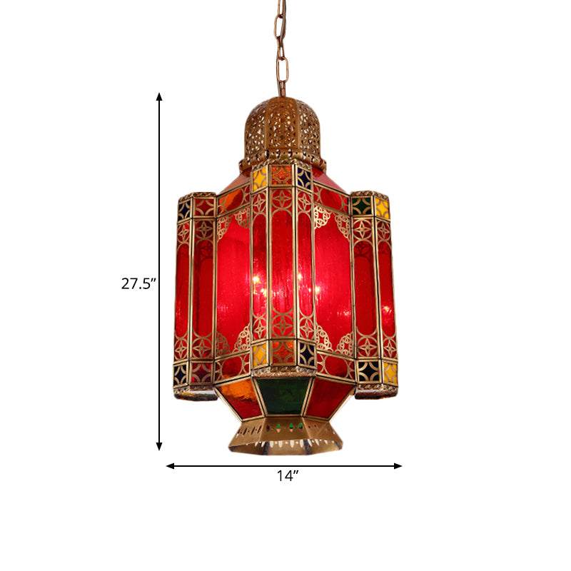 Traditional Lantern Hanging Lamp 4 Lights Red Glass Chandelier Lighting Fixture in Brass for Restaurant Clearhalo 'Ceiling Lights' 'Chandeliers' Lighting' options 922476