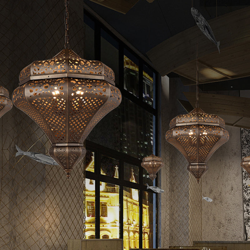 4 Lights Chandelier Lamp Retro Restaurant Pendant Light with Hollow Metal Shade in Bronze Clearhalo 'Ceiling Lights' 'Chandeliers' Lighting' options 922477