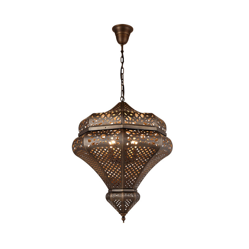 4 Lights Chandelier Lamp Retro Restaurant Pendant Light with Hollow Metal Shade in Bronze Clearhalo 'Ceiling Lights' 'Chandeliers' Lighting' options 922479