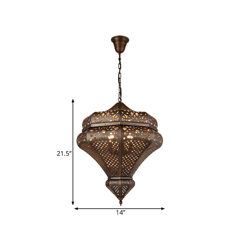 4 Lights Chandelier Lamp Retro Restaurant Pendant Light with Hollow Metal Shade in Bronze Clearhalo 'Ceiling Lights' 'Chandeliers' Lighting' options 922481