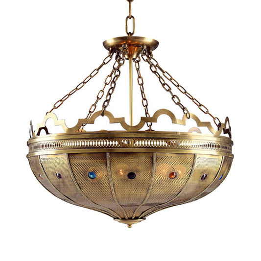 Bowl Bedroom Chandelier Lighting Arab Metal 6 Bulbs Brass Hanging Ceiling Light with Bead Decor Clearhalo 'Ceiling Lights' 'Chandeliers' Lighting' options 922485