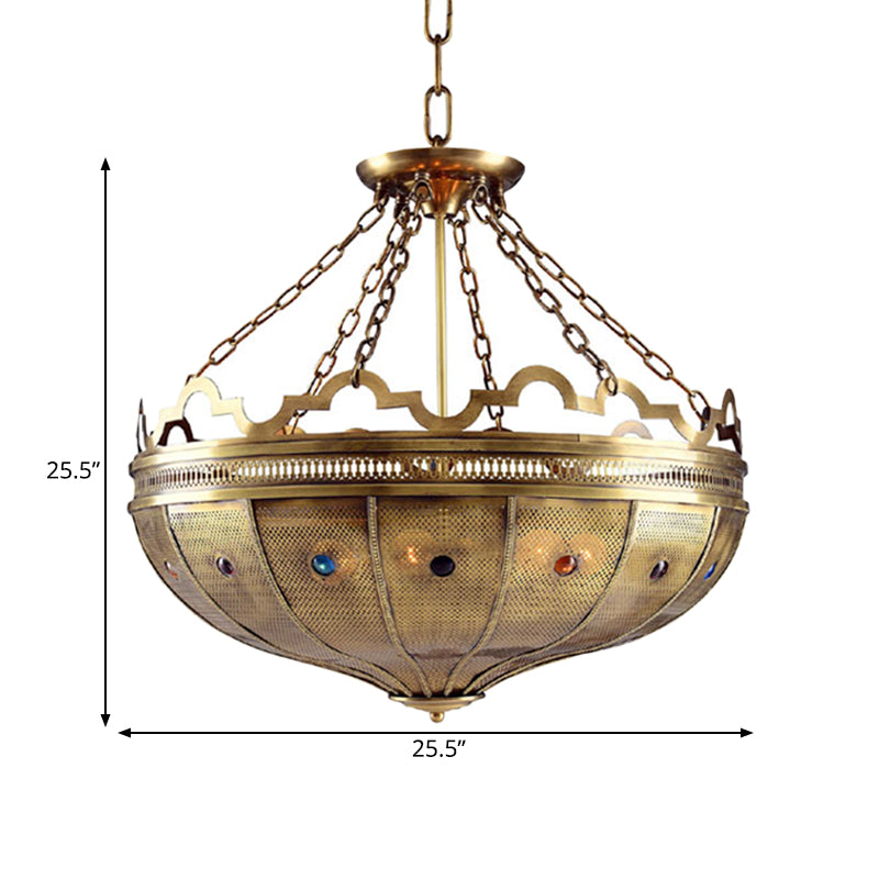 Bowl Bedroom Chandelier Lighting Arab Metal 6 Bulbs Brass Hanging Ceiling Light with Bead Decor Clearhalo 'Ceiling Lights' 'Chandeliers' Lighting' options 922486