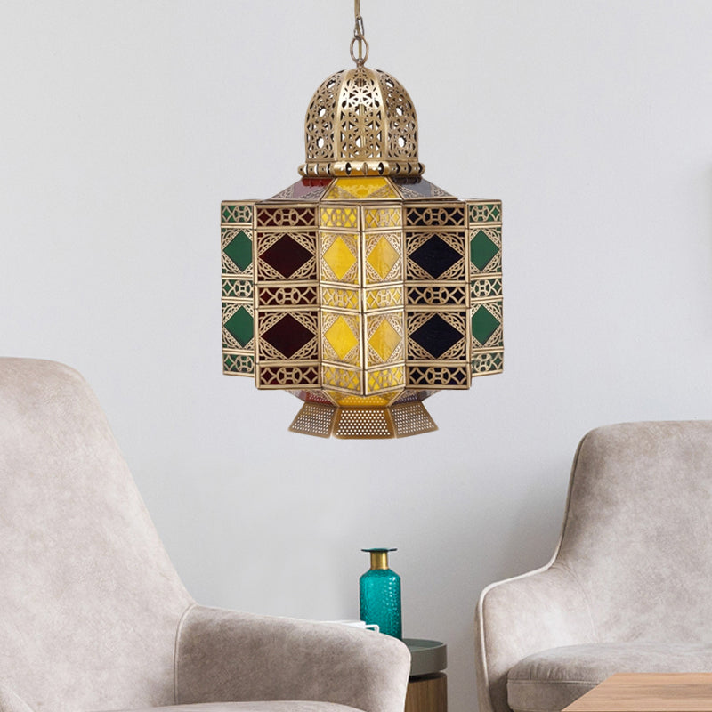 Decorative Lantern Pendant Light 6-Bulb Stained Glass Hanging Chandelier in Brass for Living Room Clearhalo 'Ceiling Lights' 'Chandeliers' Lighting' options 922502