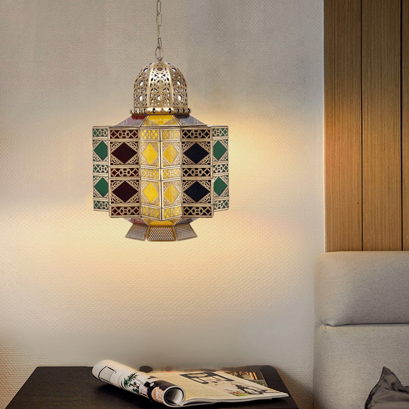 Decorative Lantern Pendant Light 6-Bulb Stained Glass Hanging Chandelier in Brass for Living Room Clearhalo 'Ceiling Lights' 'Chandeliers' Lighting' options 922503