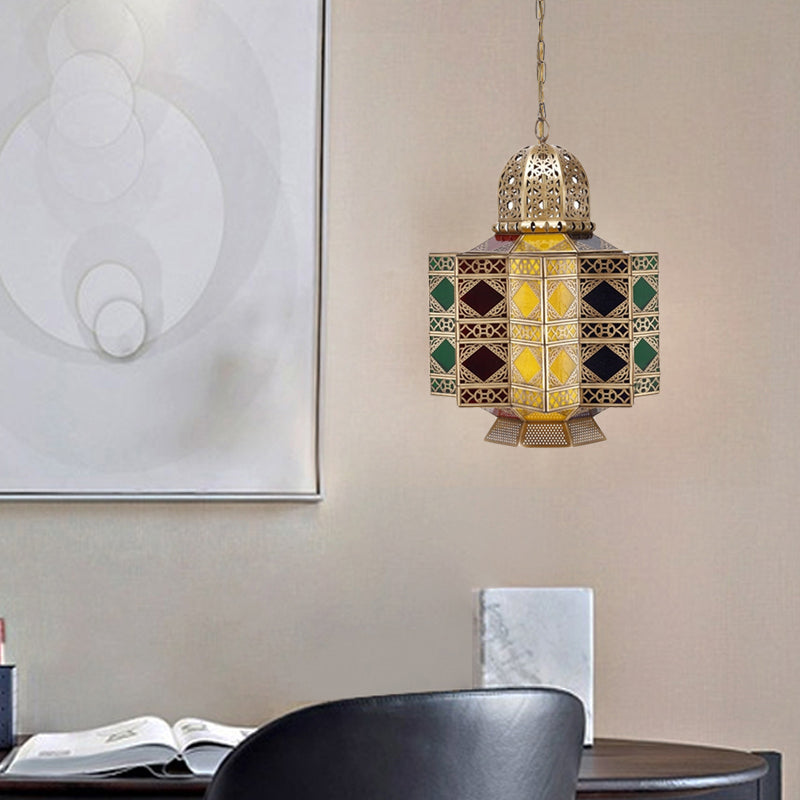 Decorative Lantern Pendant Light 6-Bulb Stained Glass Hanging Chandelier in Brass for Living Room Clearhalo 'Ceiling Lights' 'Chandeliers' Lighting' options 922504