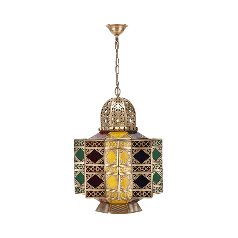 Decorative Lantern Pendant Light 6-Bulb Stained Glass Hanging Chandelier in Brass for Living Room Clearhalo 'Ceiling Lights' 'Chandeliers' Lighting' options 922505